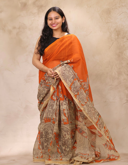 Orange Kota Doria Saree with Kalamkari Handblock Prints | Looms & Tassels