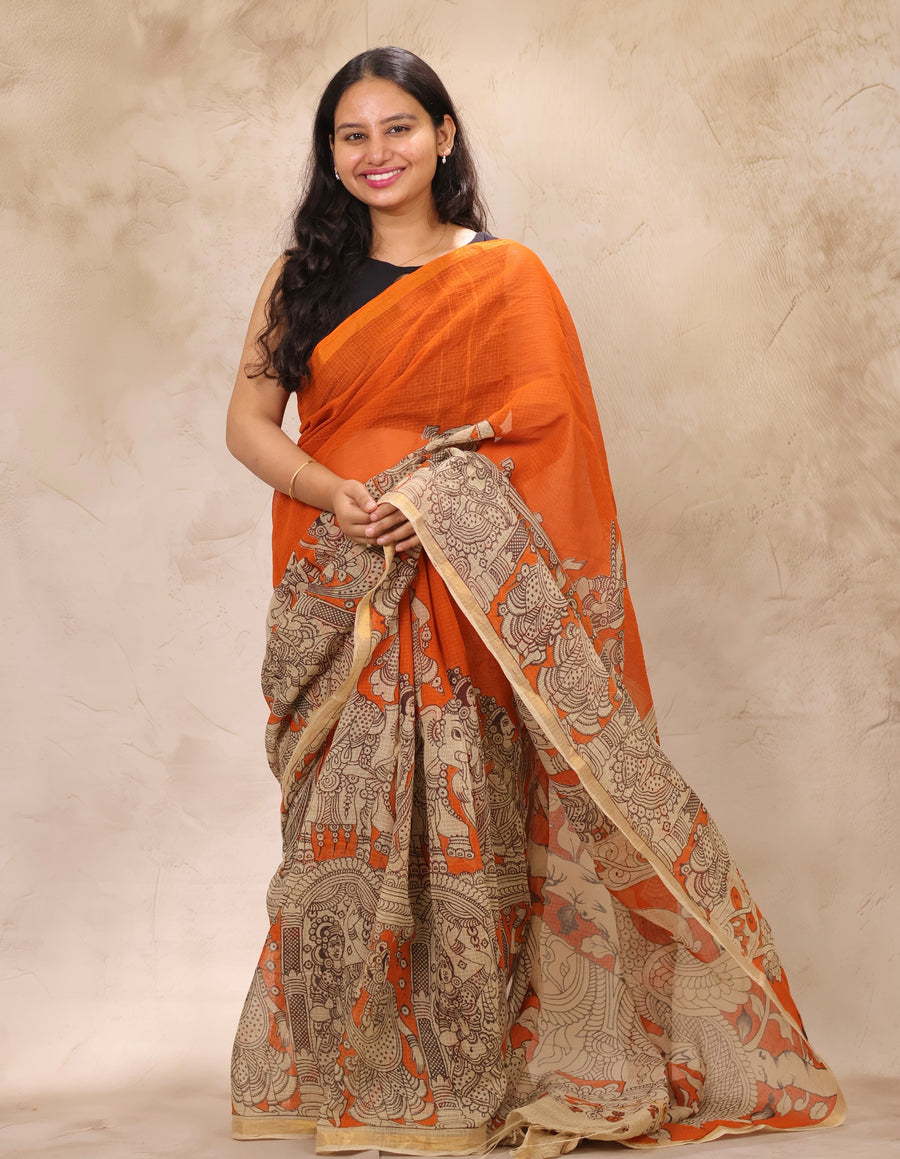 Orange Kota Doria Saree with Kalamkari Handblock Prints | Looms & Tassels