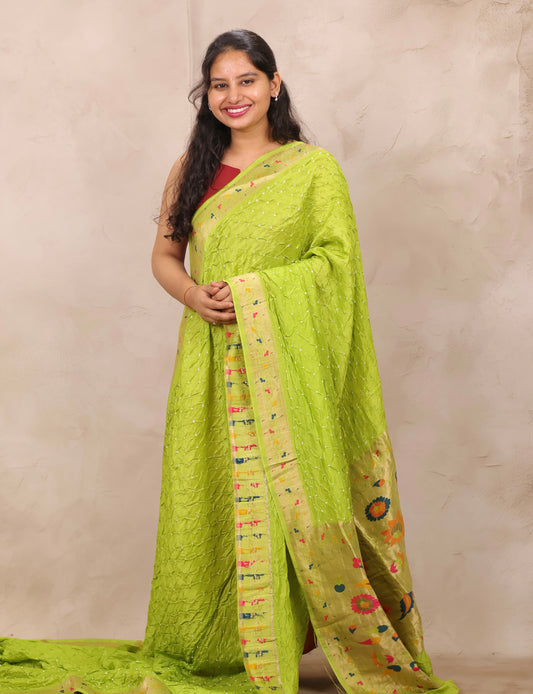 Lemon Green Handcrafted Bandhani Paithani Dola Silk Saree | Looms & Tassels