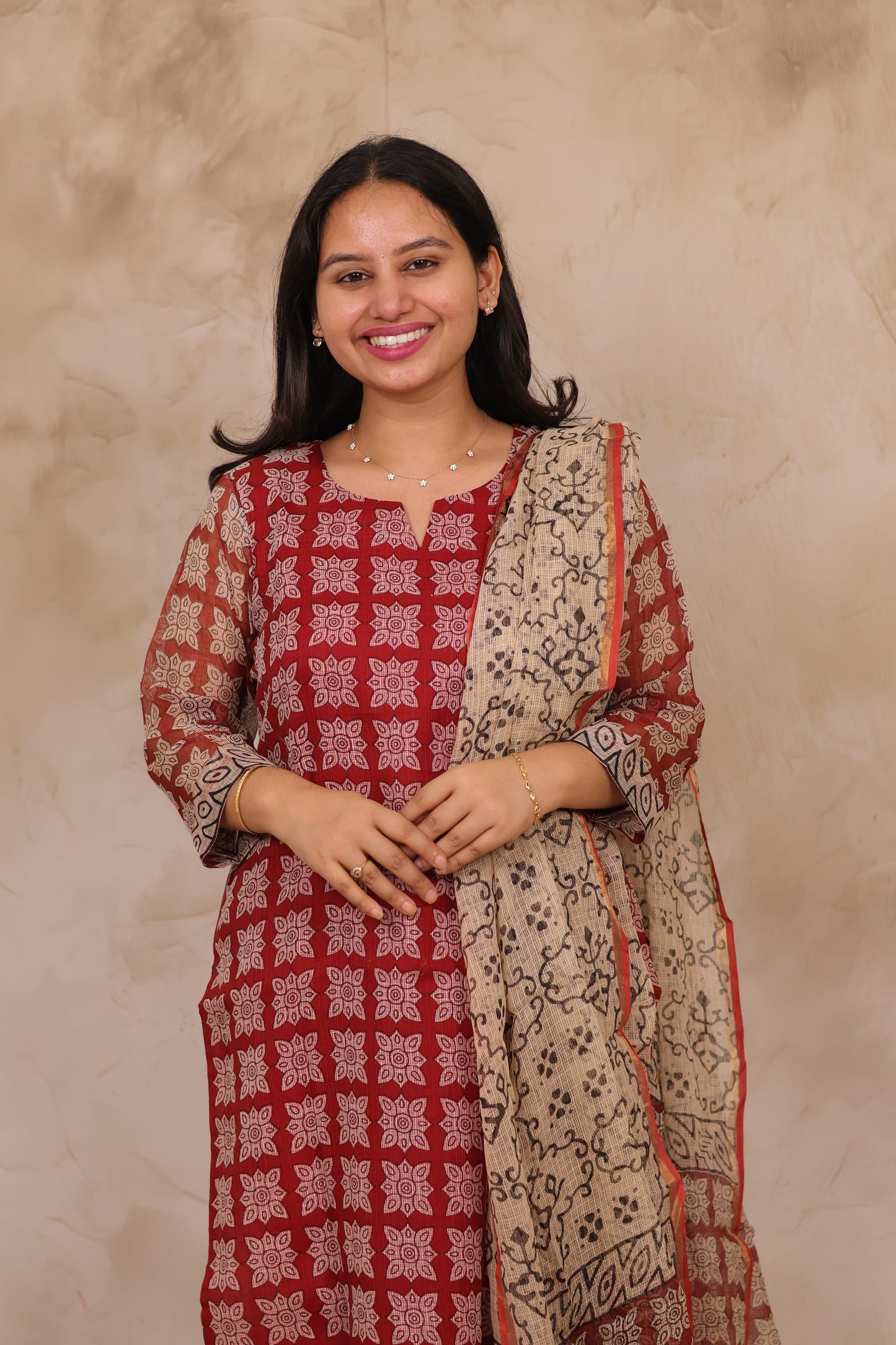 Maroon Handblock printed kota 3 piece suit (stitched)