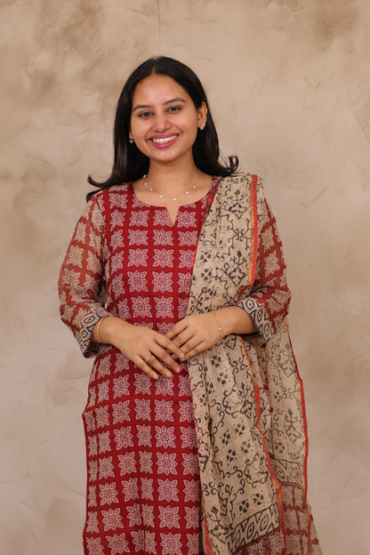 Maroon Handblock printed kota 3 piece suit (stitched)