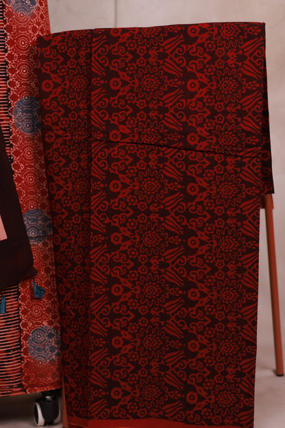 Maroon Ajrakh Handblock Printed Pure Cotton 3 piece suit set | Looms & Tassels