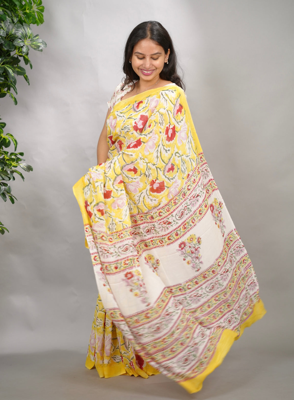 Yellow Georgette Hand Block Printed Saree| Looms & Tassels