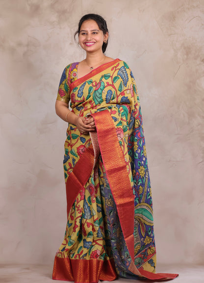 Hand Drawn Pen Kalamkari Light Yellow And Red Bangalore Silk Kanchi Border Saree | Looms & Tassels