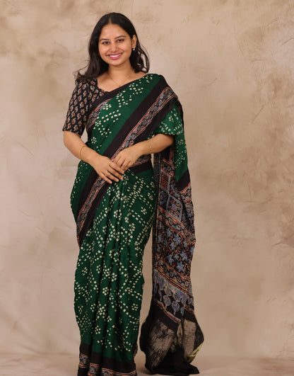 Bottle Green Hand Knotted Bandhej Arakh Modal Silk Saree with Lagdi Pallu | Looms & Tassels