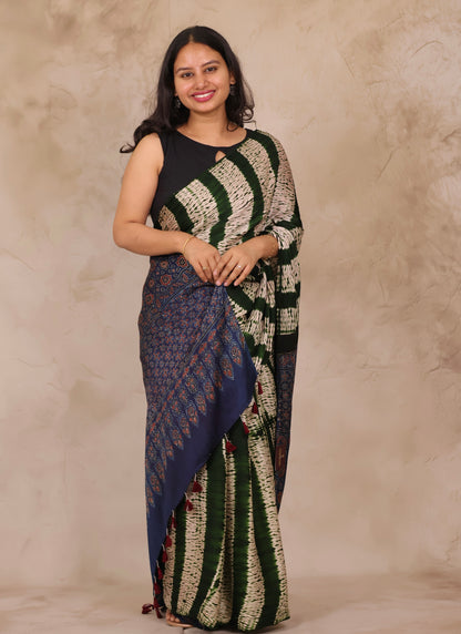 Bottle Green Needle Shibori and Ajrakh Handblock Printed Modal Silk Saree | Looms & Tassels