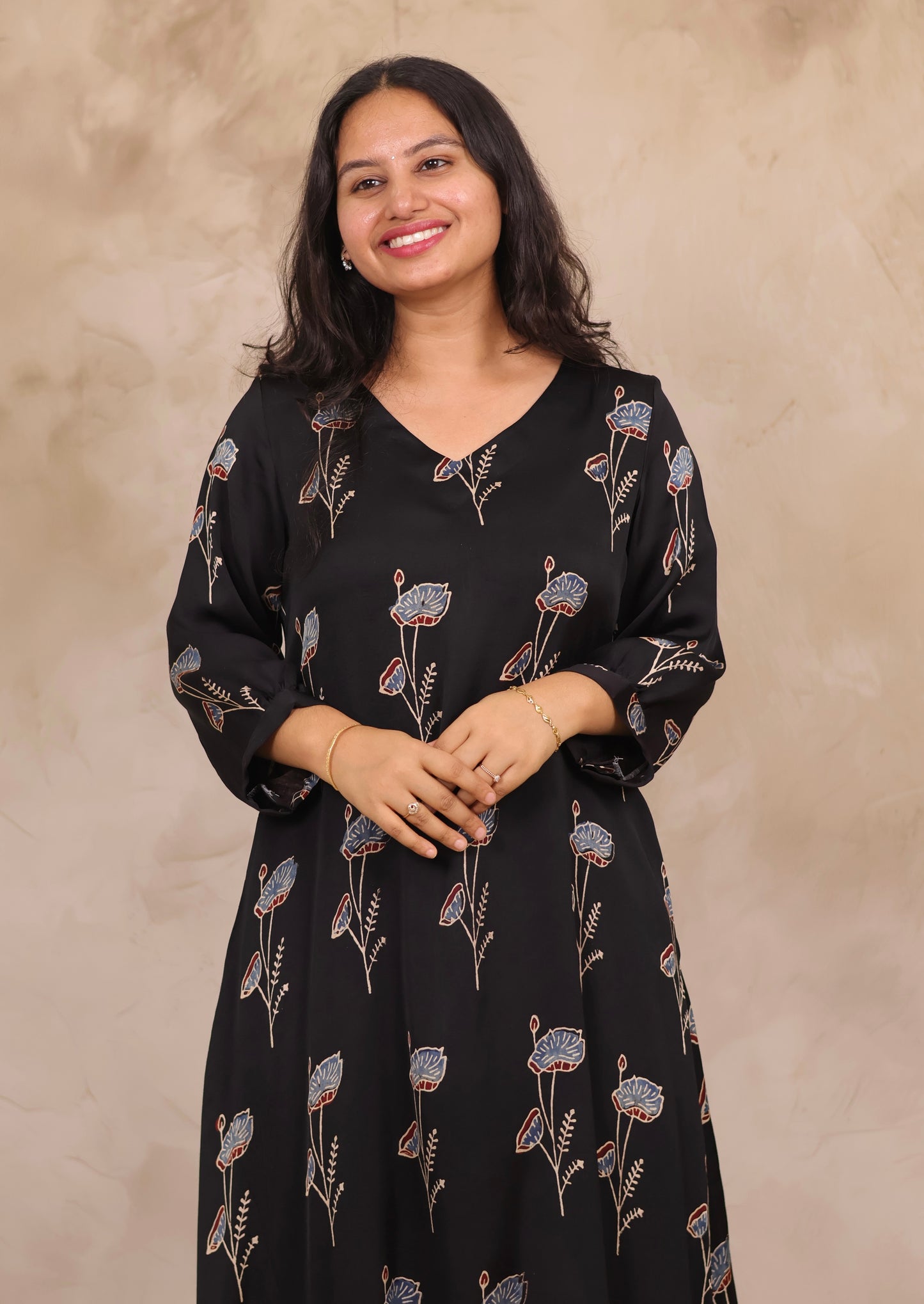 Black Ajrakh Modal Silk Aline Dress | Looms & Tassels