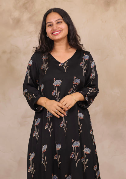 Black Ajrakh Modal Silk Aline Dress | Looms & Tassels