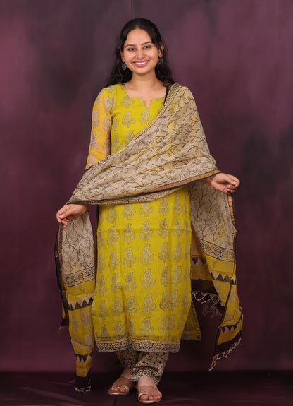 Yellow Handblock printed kota 3 piece suit (stitched)