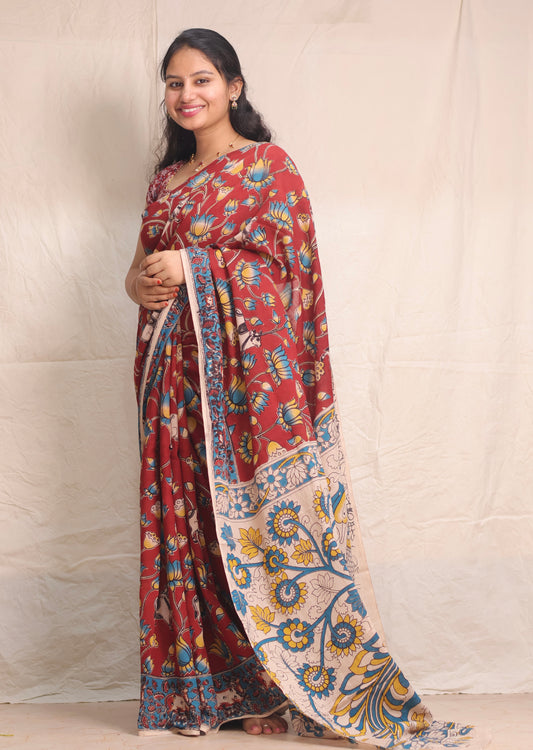 Red Pichwai Kalamkari Cotton Saree