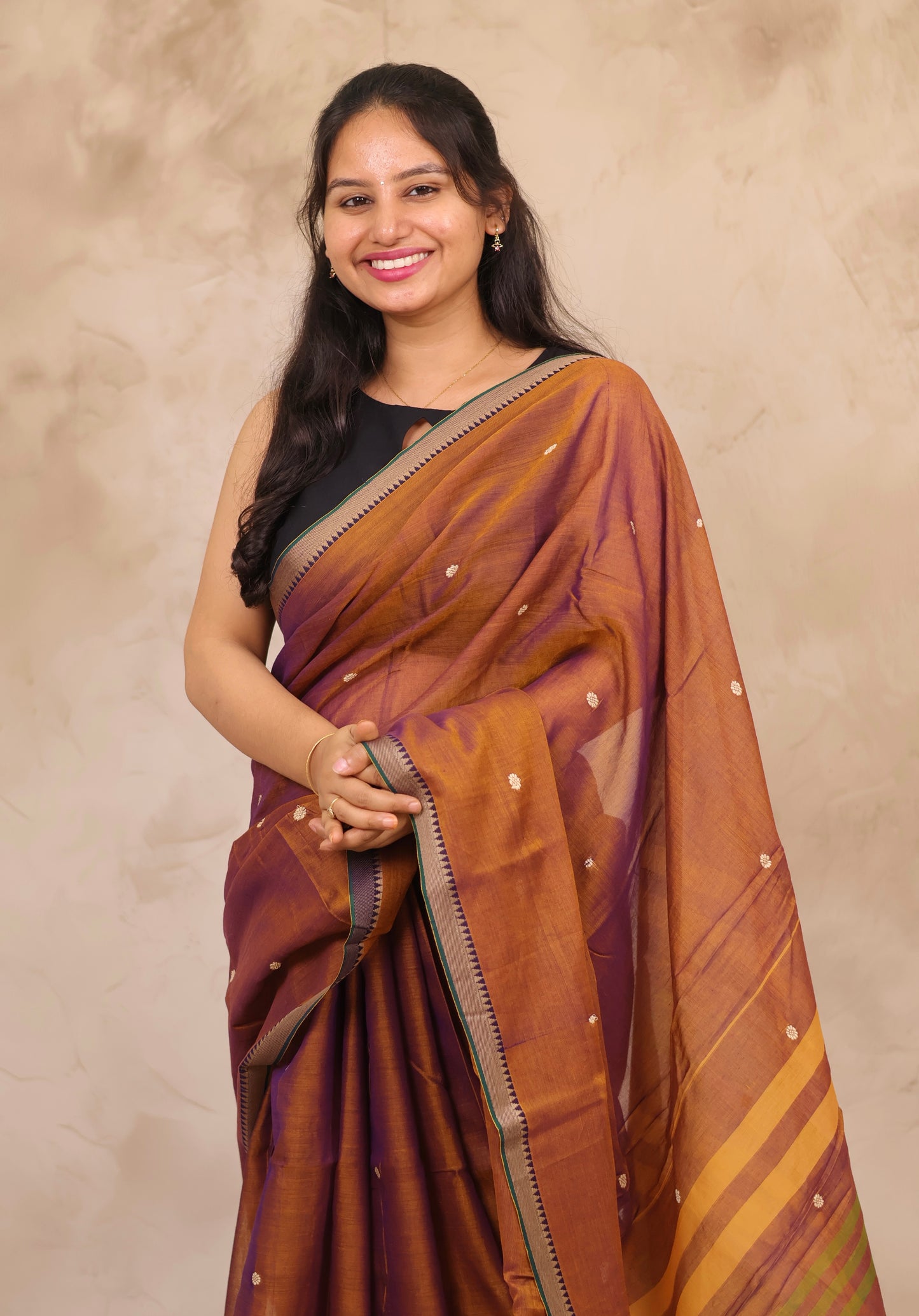 Mustard Narayanpet Cotton Saree With Butta Weaving | Looms & Tassels