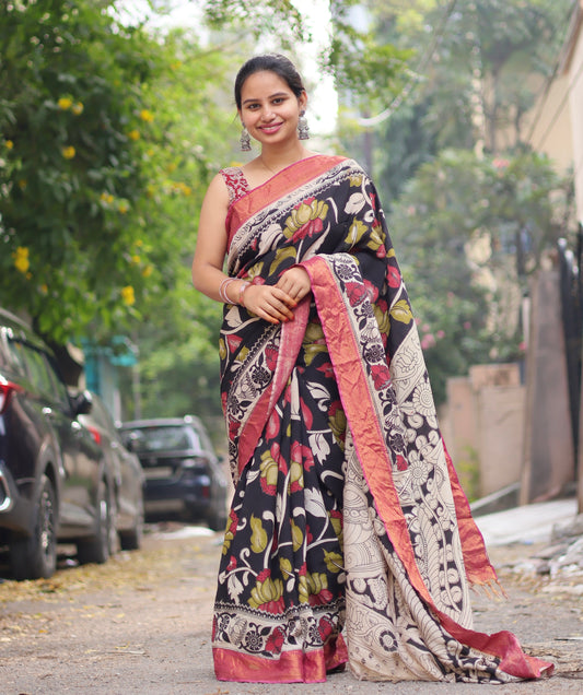 Black Nizam Border Kalamkari Silk Saree