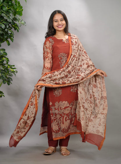 Maroon Kalamkari Kota Cotton 3 piece suit (stitched) | Looms & Tassels