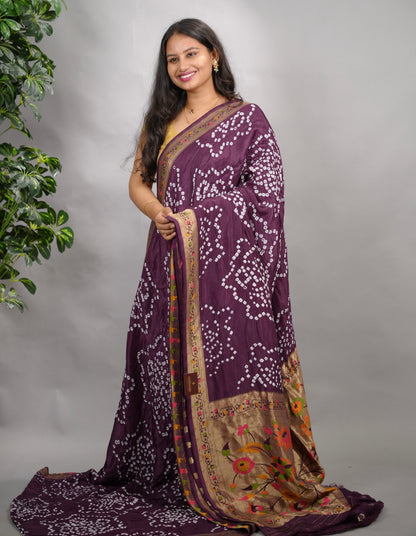 Purple Handcrafted  Pattern Bandhani Paithani Dola Silk Saree | Looms & Tassels