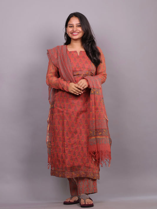 Rust orange Handblock printed kota 3 piece suit with chudi sleeves (stitched)