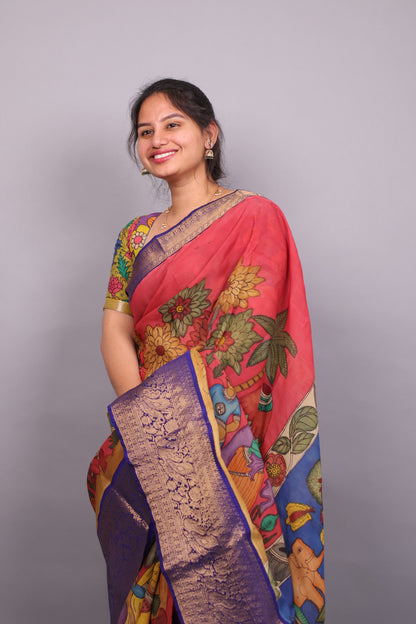 Pink Hand Painted Pen Kalamkari Silk Saree