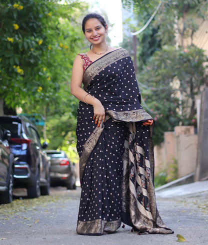 Black Ajrakh Dola Silk Saree