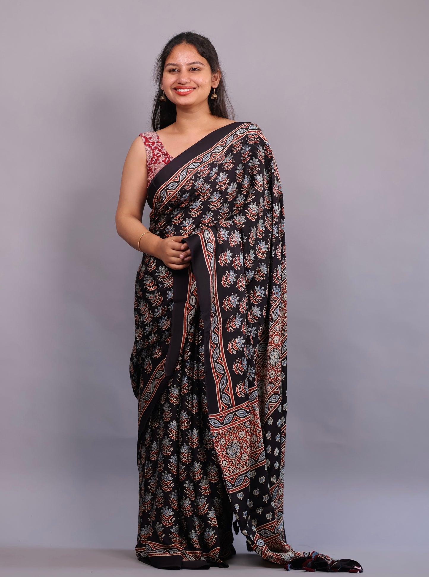 Black Authentic Ajrakh Handblock Printed Modal Silk Saree | Looms & Tassels