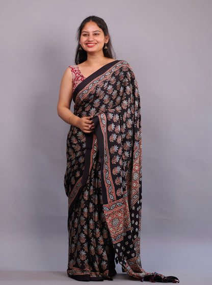 Black Authentic Ajrakh Handblock Printed Modal Silk Saree | Looms & Tassels