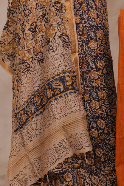 Hand Block Printed Kalamkari Unstitched 3pc Suit Set