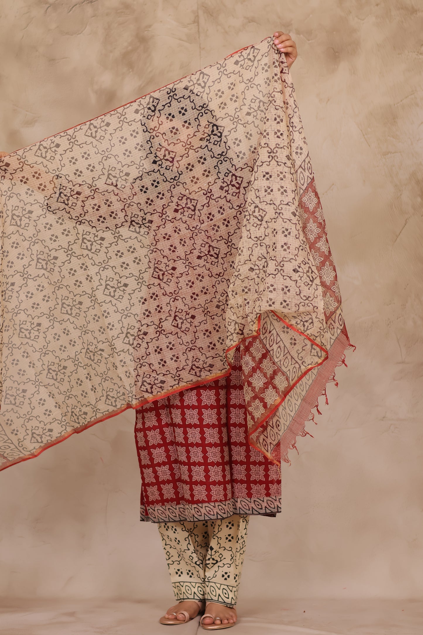 Maroon Handblock printed kota 3 piece suit (stitched)