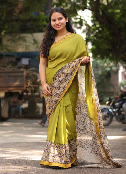 Green Kalamkari dyeing premium chennur silk with hand block print saree