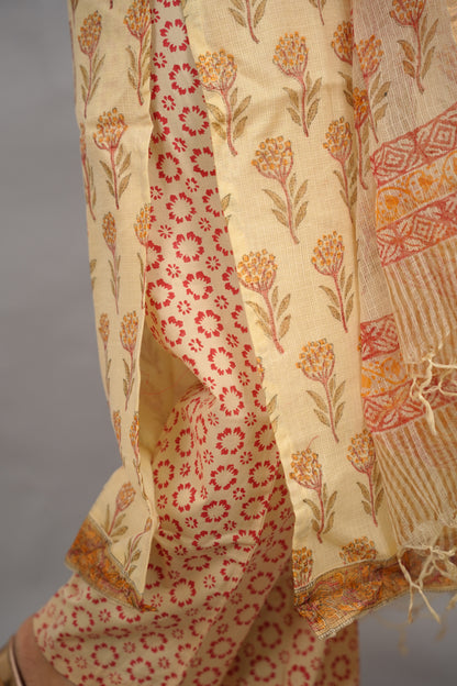 Cream Handblock printed kota 3 piece suit (stitched)| Looms & Tassels