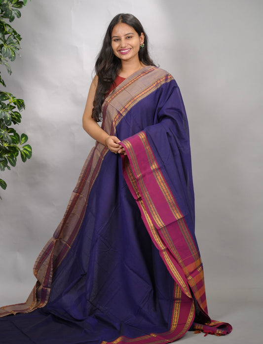Blue Narayanpet Cotton Saree With Ganga And Jamuna Border | Looms & Tassels