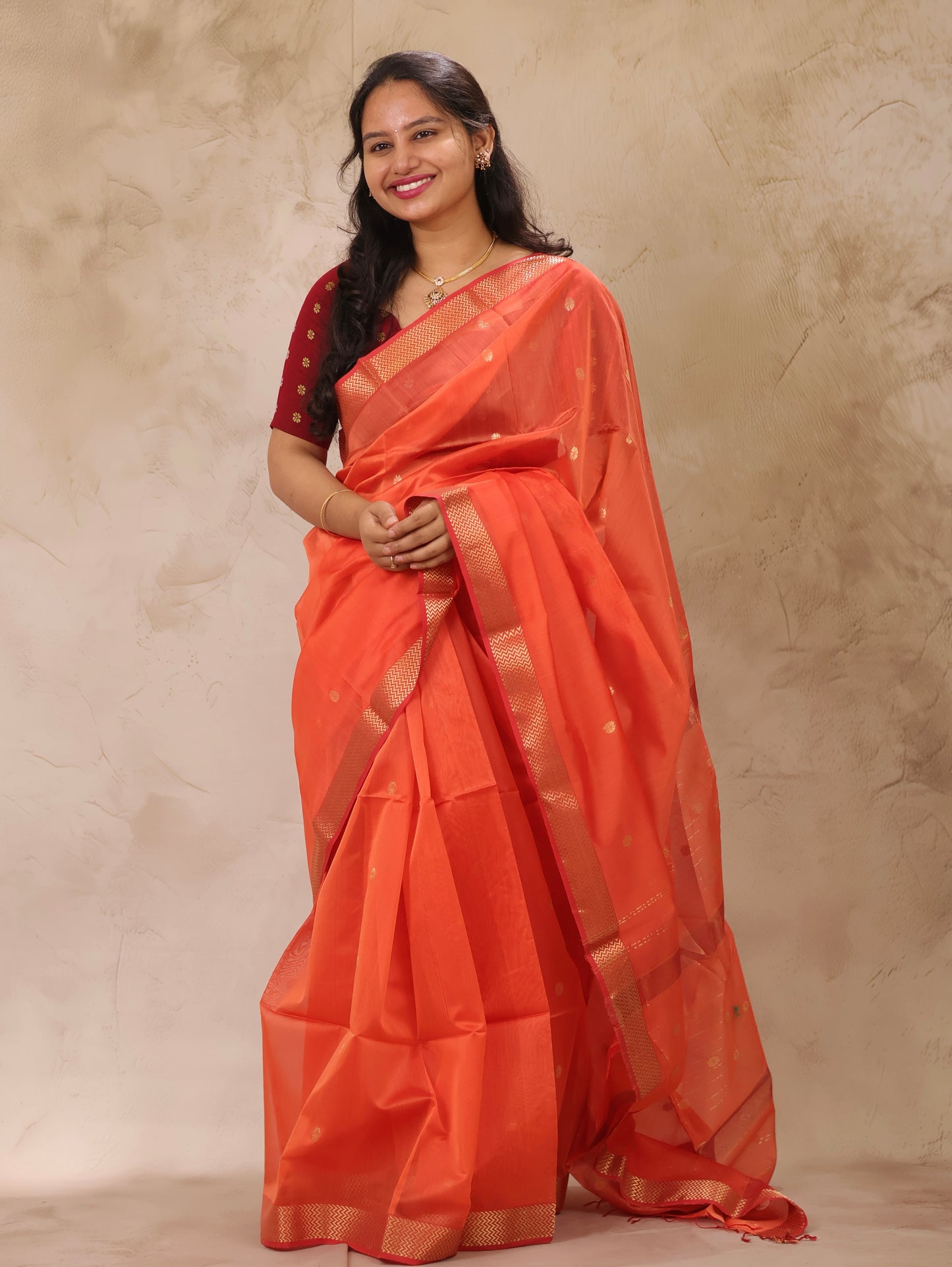 Pastel Orange Handloom Maheswari Silk Cotton Sarees | Looms & Tassels