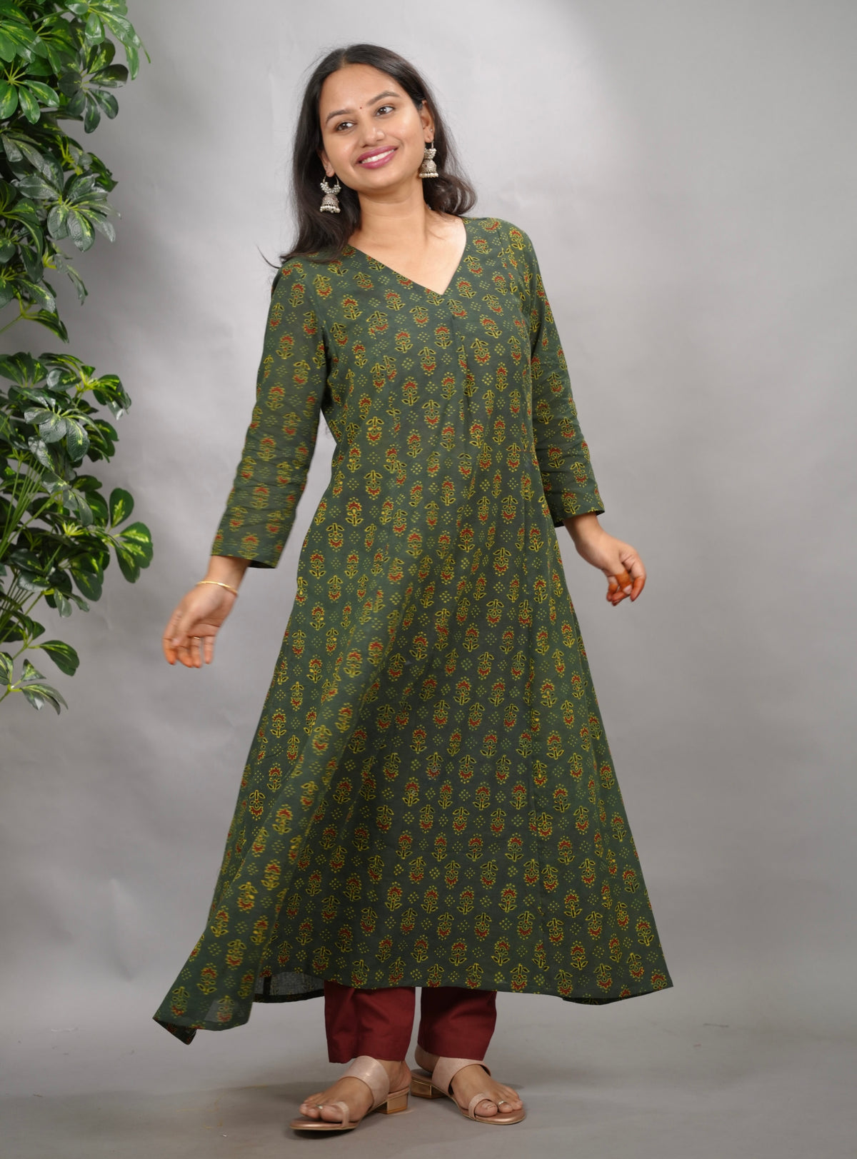 Green Ajrakh Cotton Kali Kurta | Looms & Tassels
