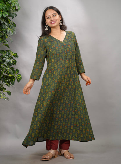 Green Ajrakh Cotton Kali Kurta | Looms & Tassels