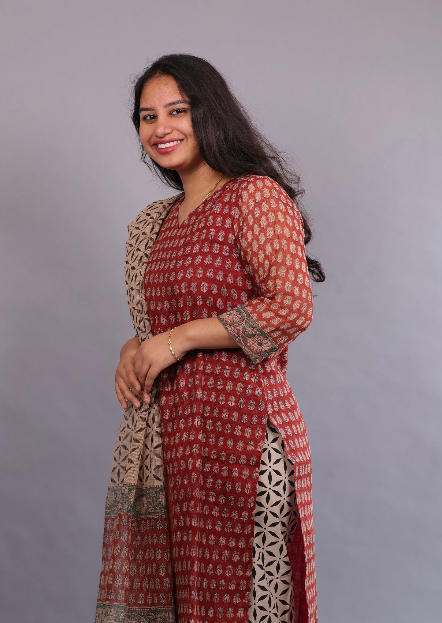 Handblock printed kota 3 piece suit (stitched)