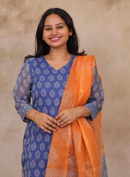 Blue Handblock printed kota 3 piece suit (stitched)