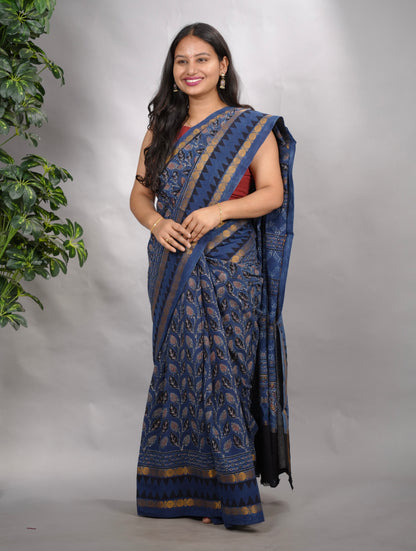 Indigo Blue Ajrakh Hand Block Printed Sungudi Cotton Saree | Looms & Tassels
