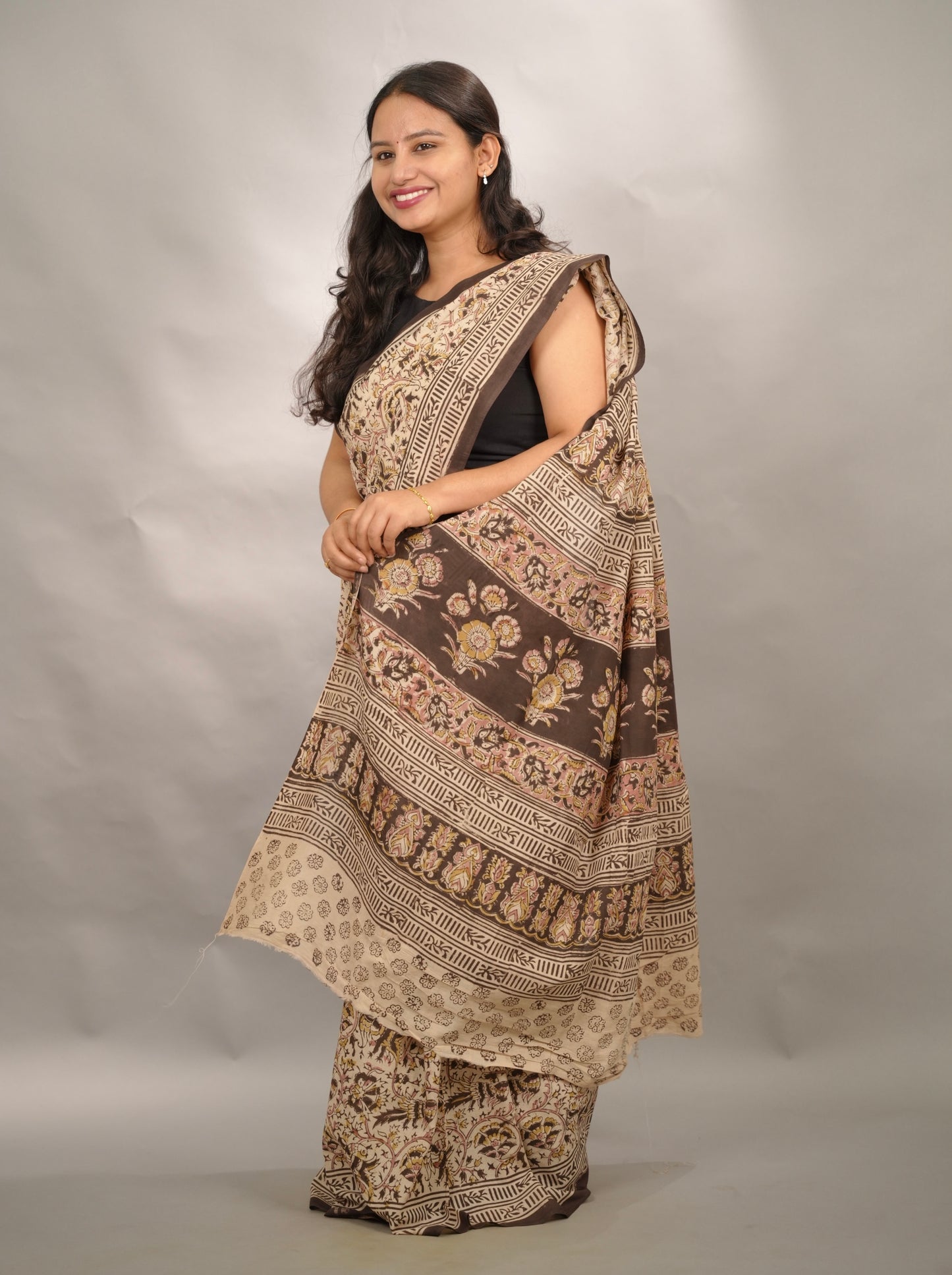 Cream Hand Block Printed Kalamkari Cotton Saree | Looms & Tassels