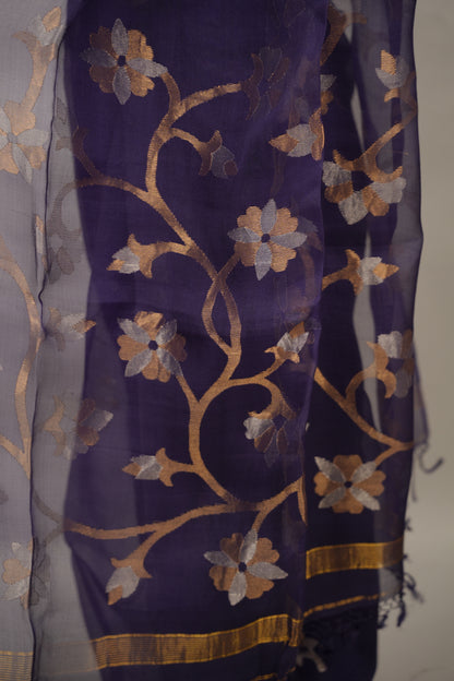 Blue Handloom Muslin Silk Saree With jamdhani weaving | Looms & Tassels