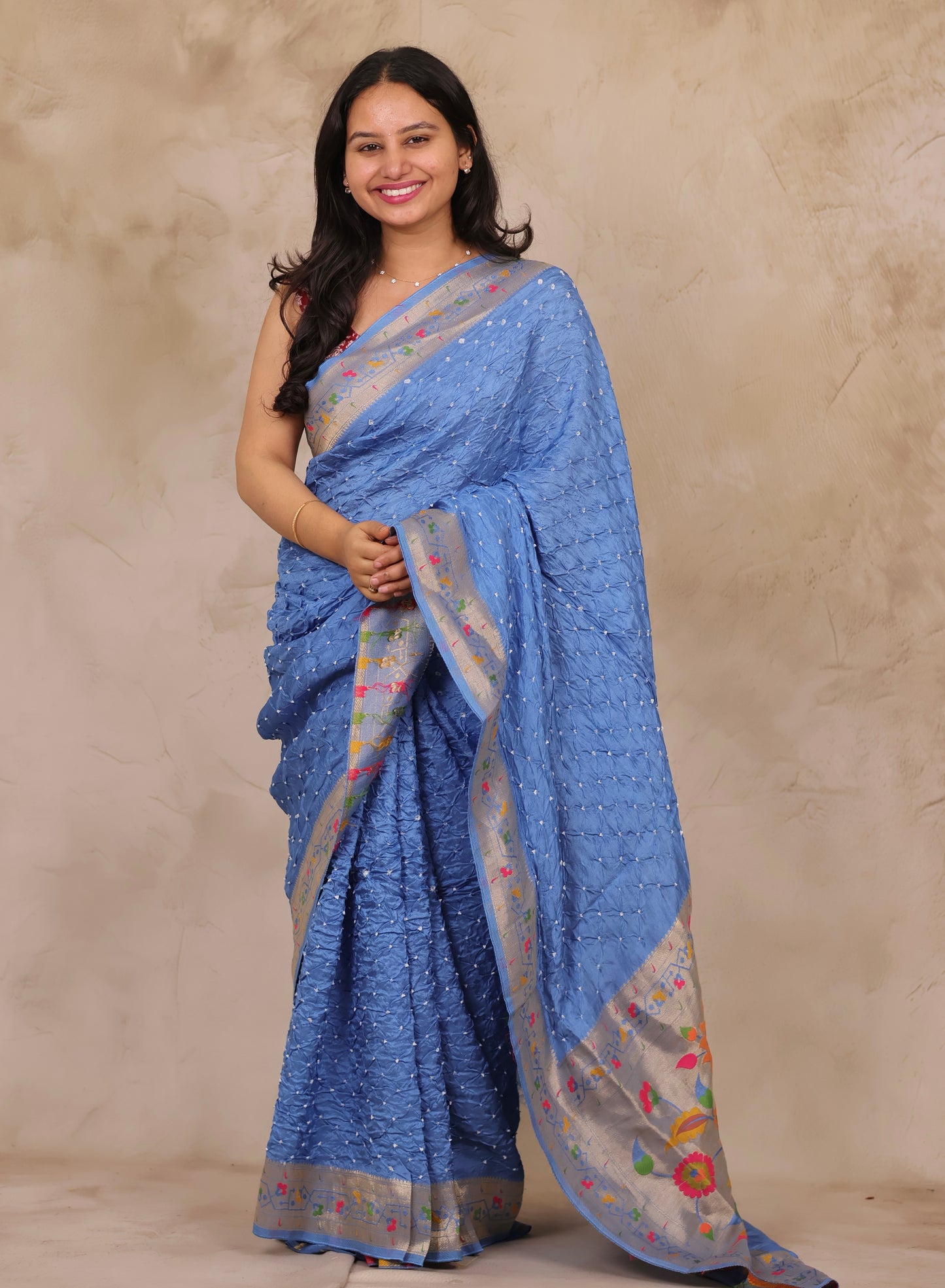 Pastel Handcrafted Bandhani Paithani Dola Silk Saree | Looms & Tassels