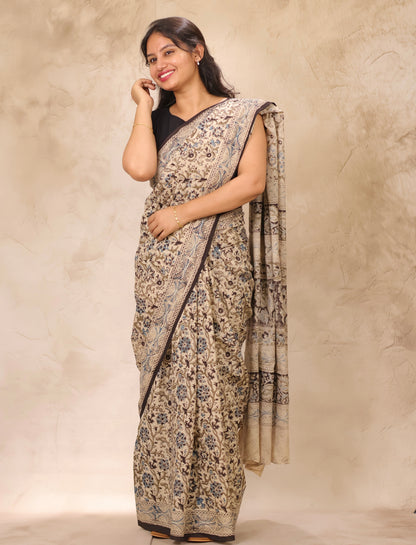 Cream Hand Block Printed Kalamkari Cotton Saree | Looms & Tassels