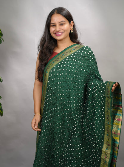 Green Handcrafted Bandhani Paithani Dola Silk Saree | Looms & Tassels
