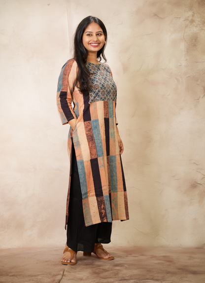 Contemporary Ajrakh Pattern Hand Block printed Kurti | Looms & Tassels