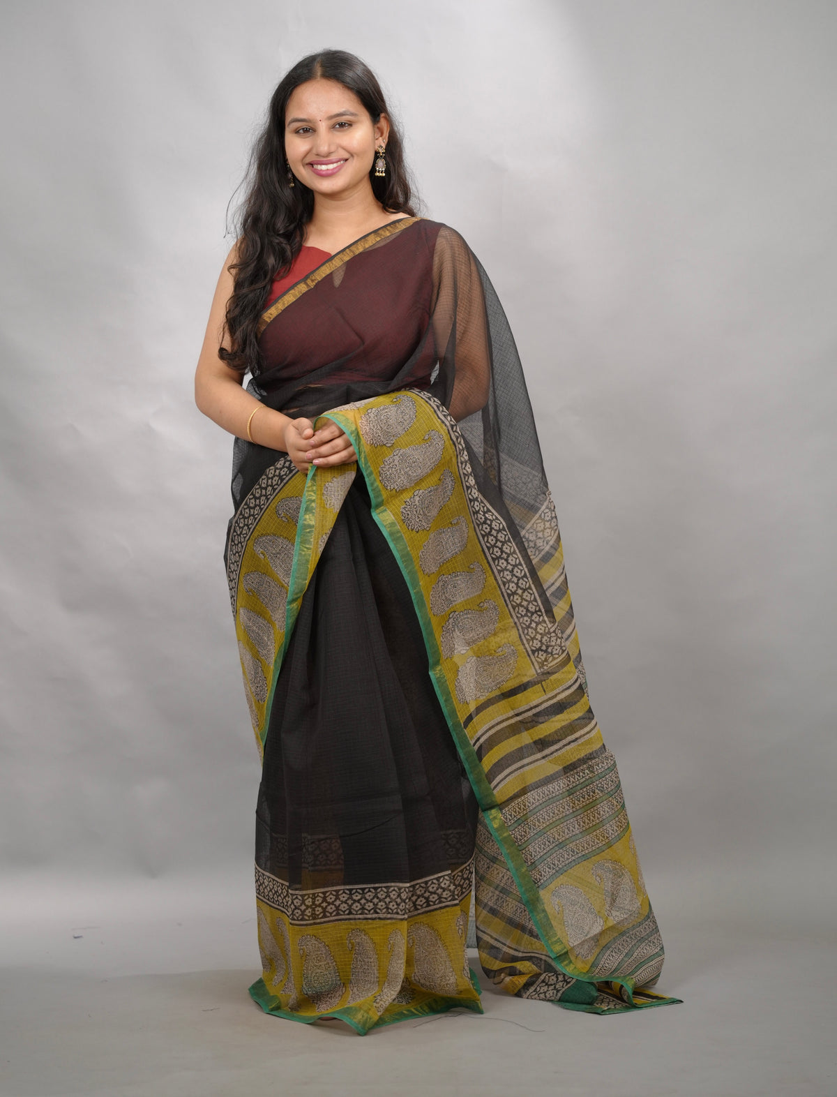 Black & Yellow Pure Kota Doria Saree with Bagru Handblock Prints | Looms & Tassels