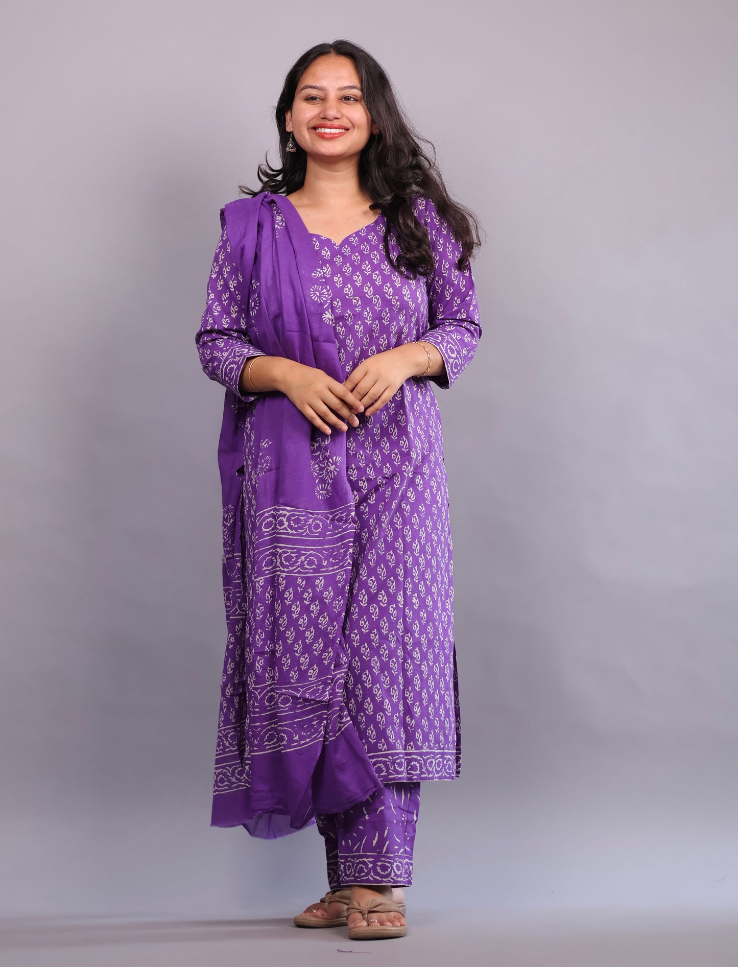 Purple Handblock printed Pure Mul Cotton with Mul Cotton Duppata 3 piece suit (stitched)