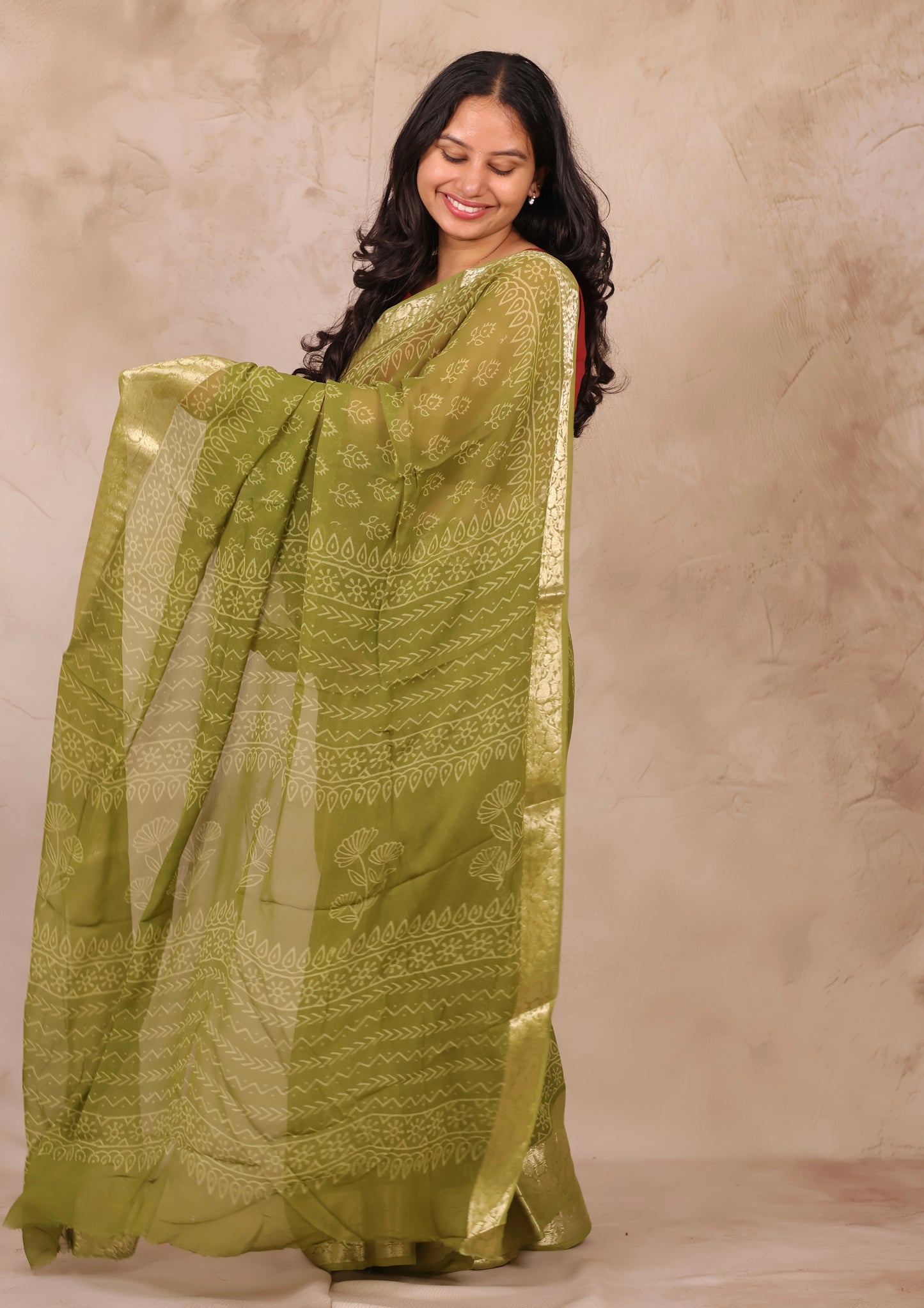 Green Chiffon Hand Block Printed Saree with Jari Border | Looms & Tassels