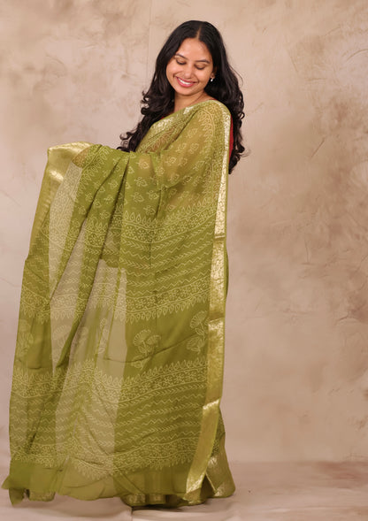 Green Chiffon Hand Block Printed Saree with Jari Border | Looms & Tassels