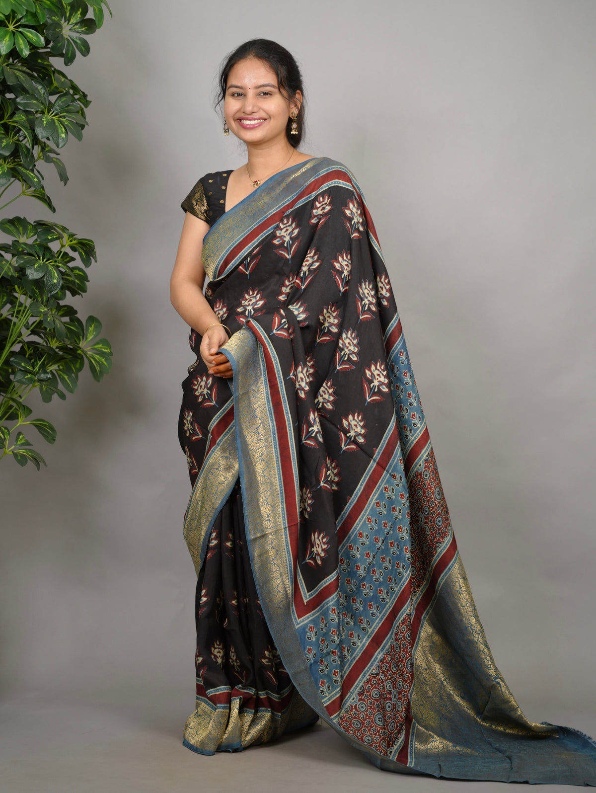 Ajrakh Dola Silk Saree - Black | Looms & Tassels