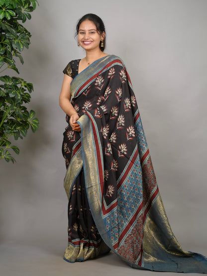 Ajrakh Dola Silk Saree - Black | Looms & Tassels