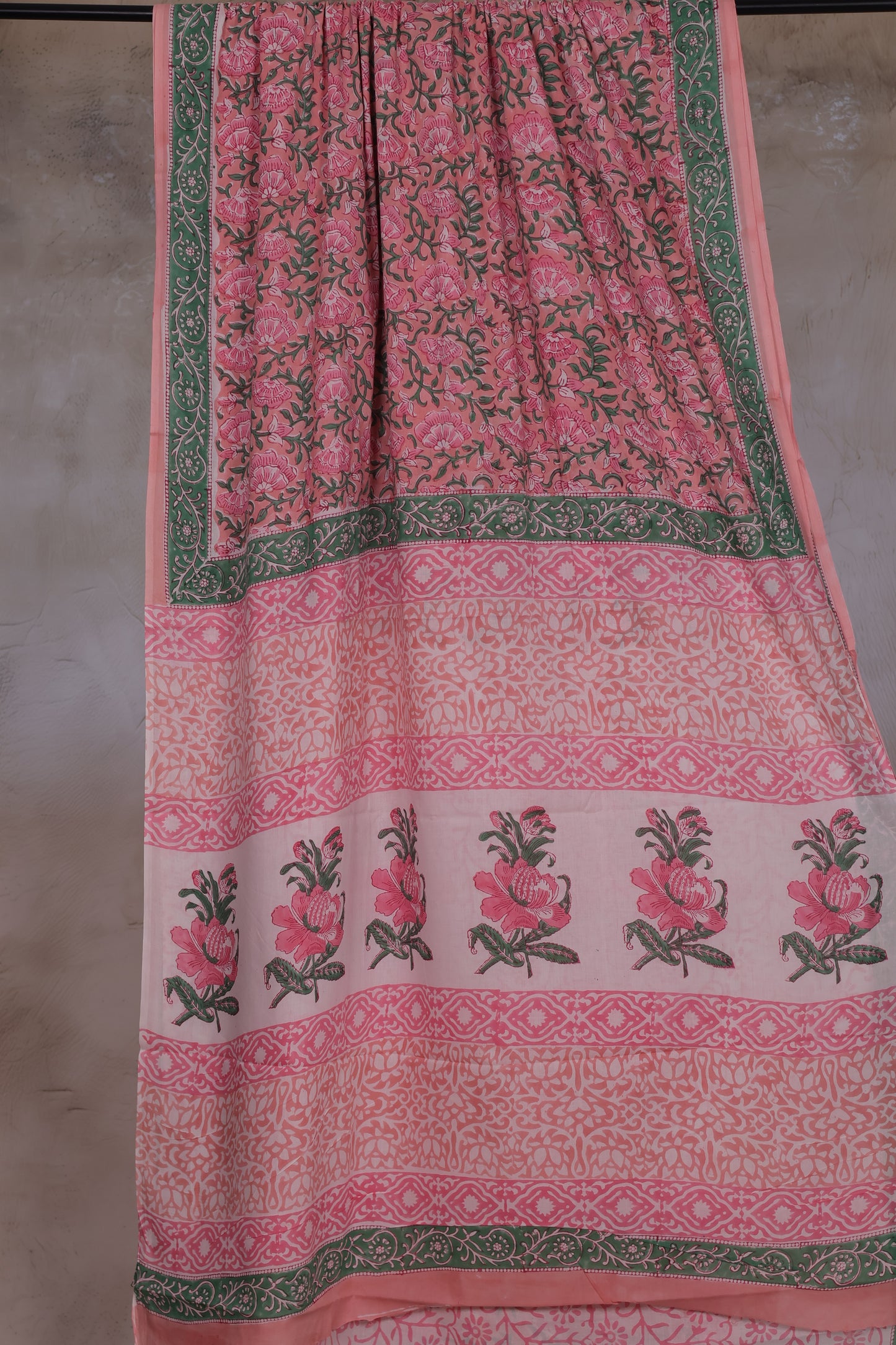 Dusty Rose Pink And Green Bagru Handblock printed MulMul cotton saree