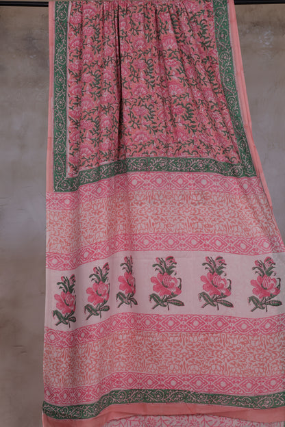 Dusty Rose Pink And Green Bagru Handblock printed MulMul cotton saree
