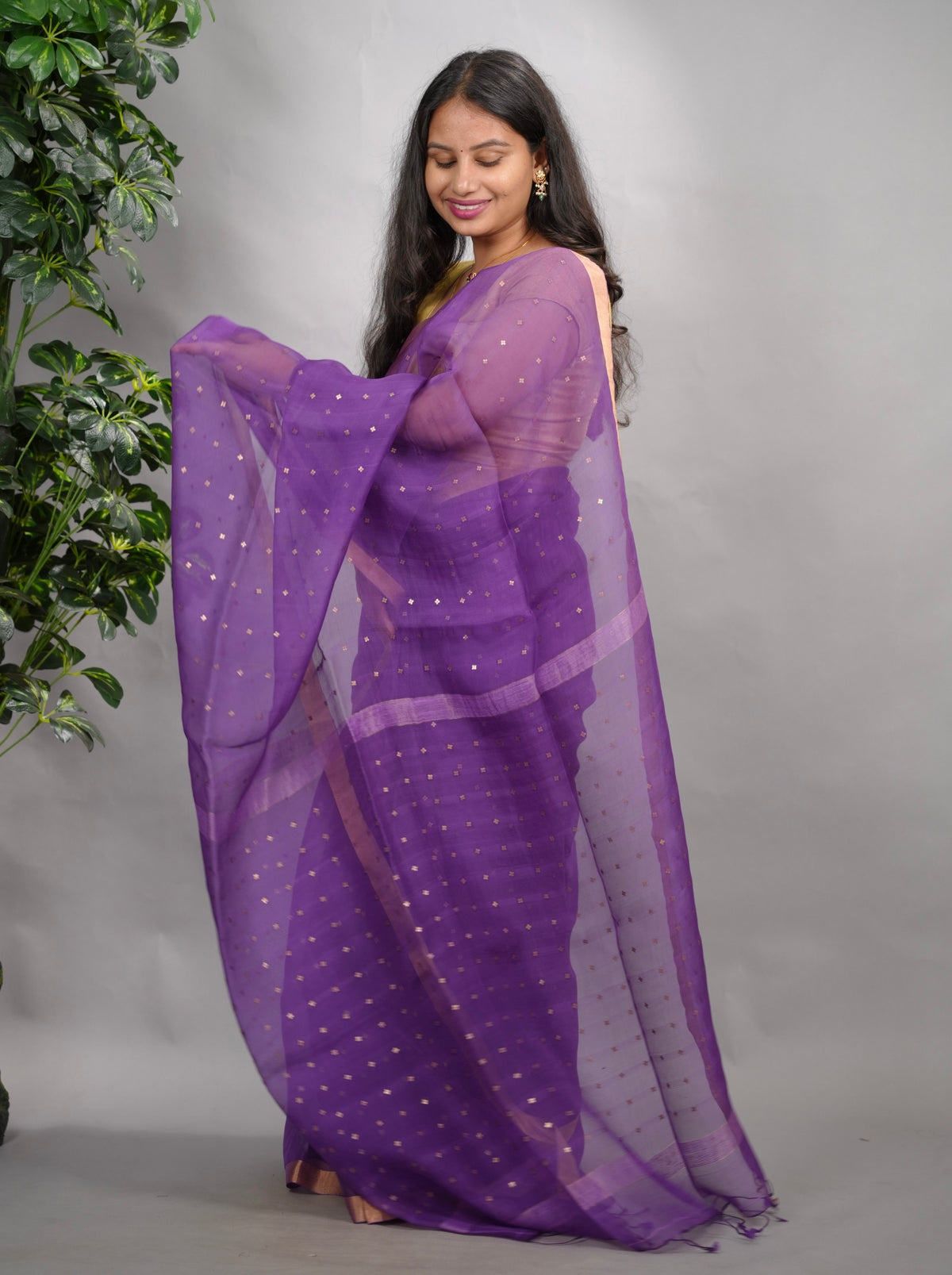Purple Handwoven Muslin Silk Saree With Sequence Work | Looms & Tassels