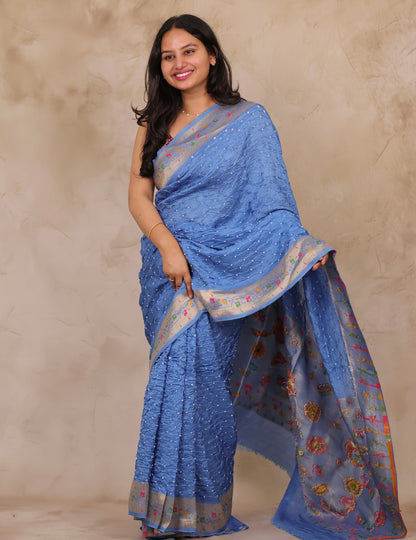 Pastel Handcrafted Bandhani Paithani Dola Silk Saree | Looms & Tassels
